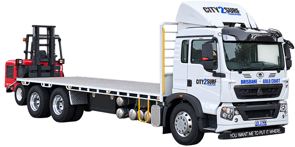 City 2 Surf Transport flatbed truck carrying a forklift
